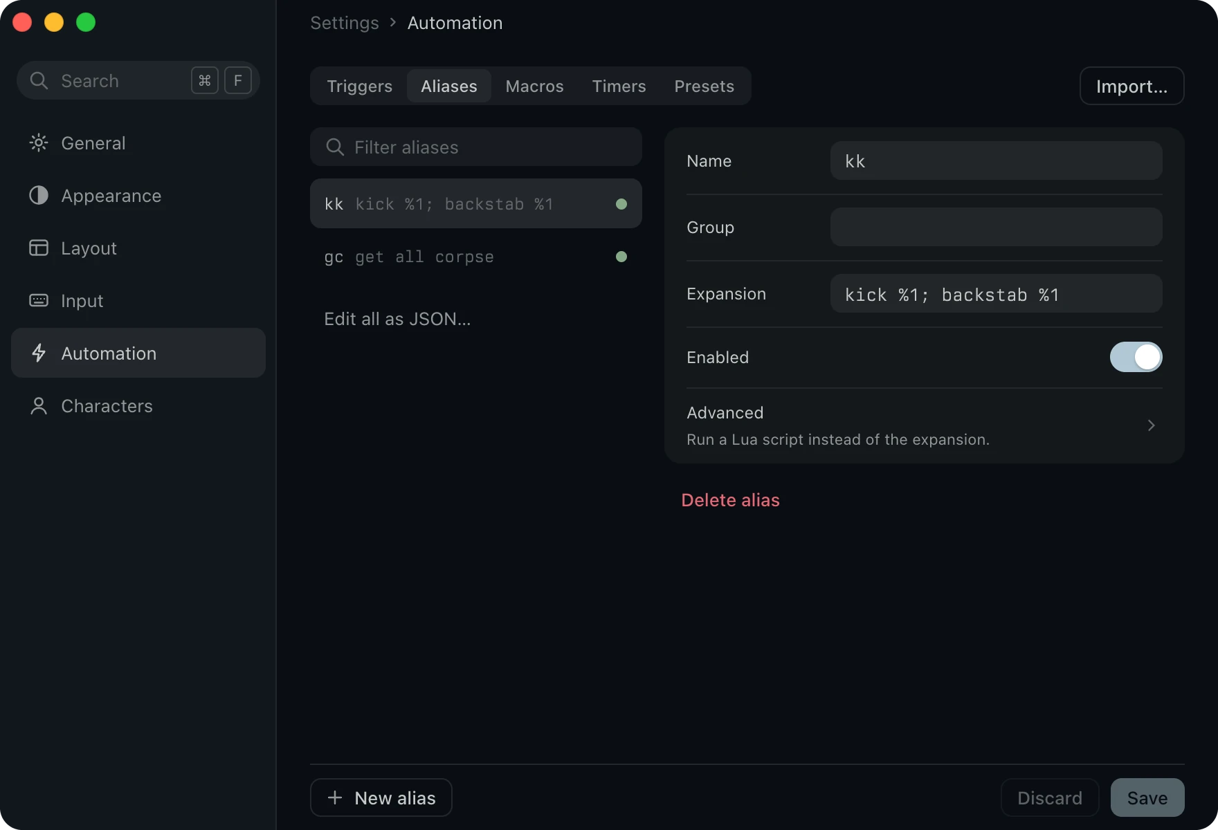 Automation on Aliases, with kk open and its expansion kick %1 then backstab %1.