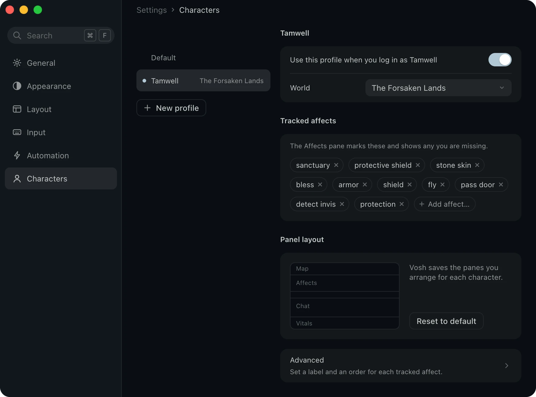 Characters with Default and Tamwell in the list, Tamwell open with ten tracked affects and the panel layout.