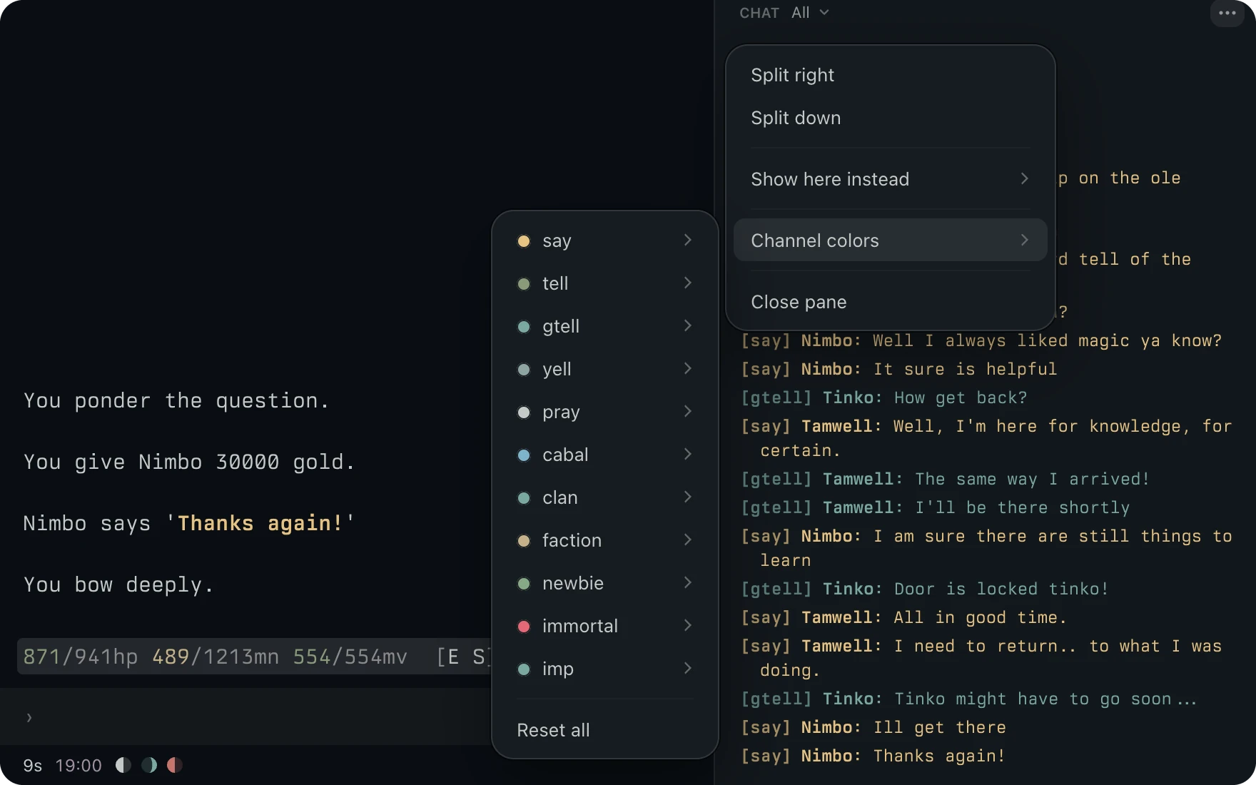 The Chat pane menu with Channel colors open, gtell recolored to bright cyan, and the group tells in the pane drawn in that color beside yellow says.