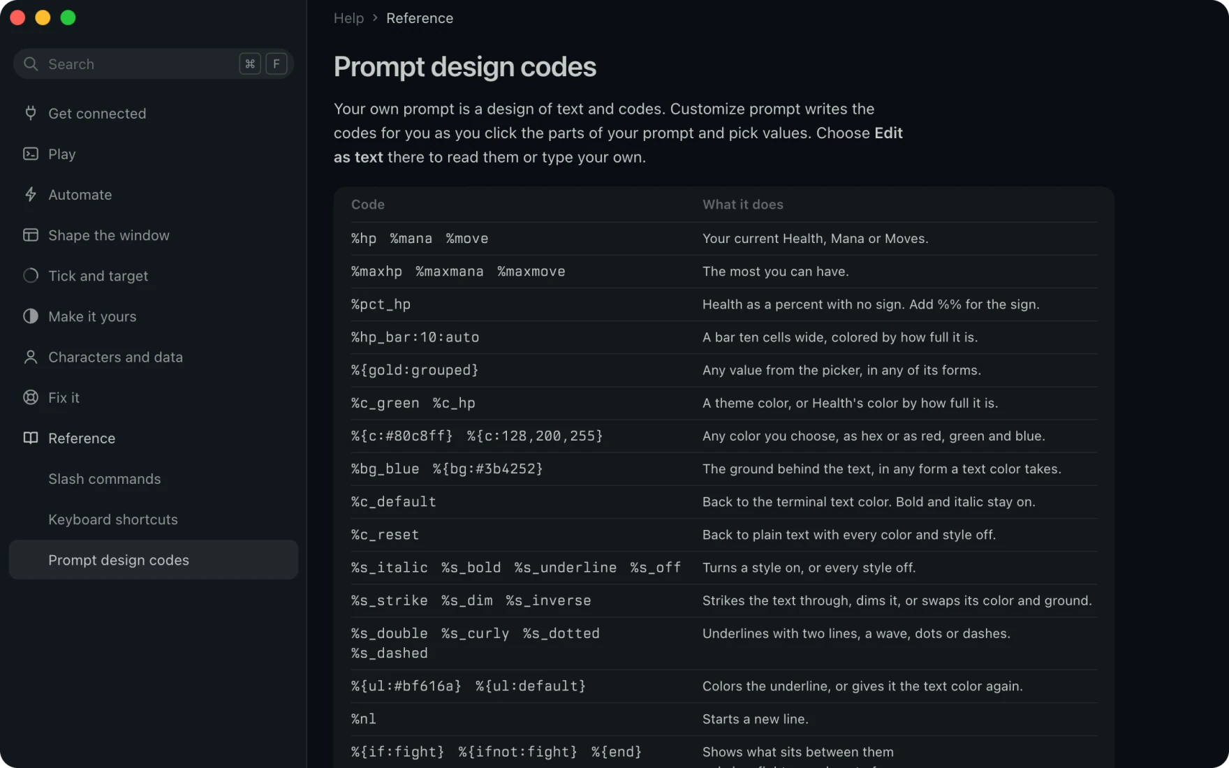 The Help window open on Prompt design codes in Reference, with the codes table listing strike, dim and inverse, the underline kinds, and the codes that color the underline.