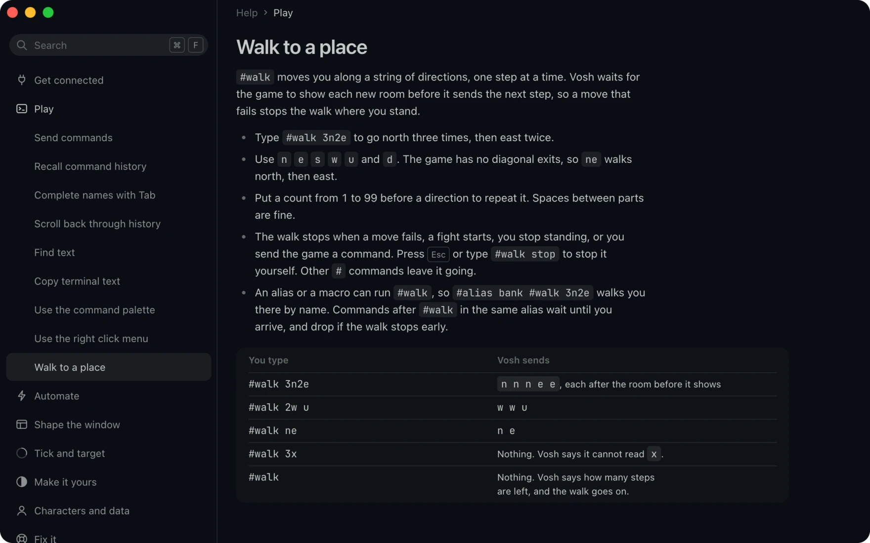 The Help window open on Walk to a place, with the rules of #walk and a table of what you type beside what Vosh sends.