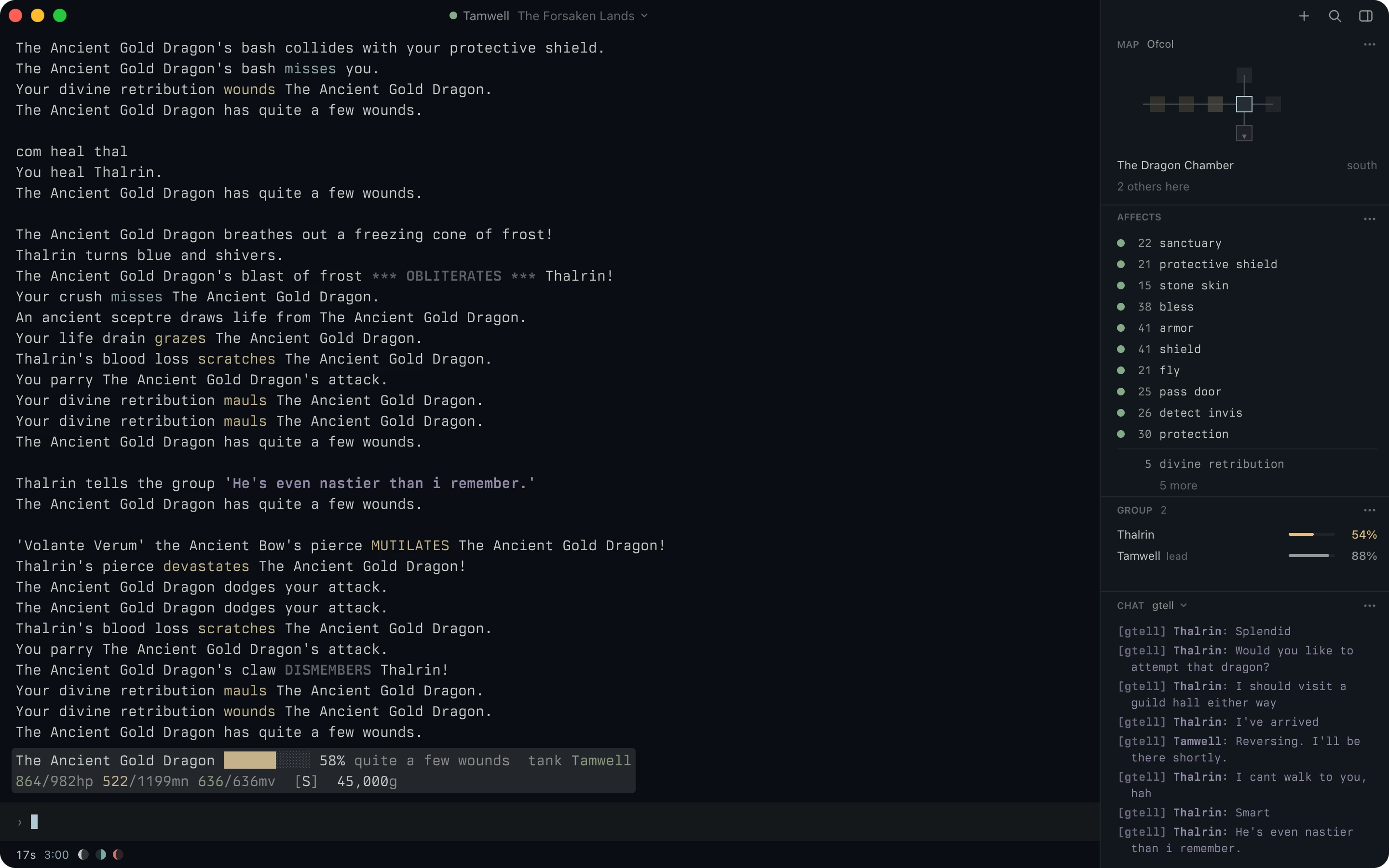 Vosh on the Kanso Zen theme in a fight with the Ancient Gold Dragon. The game text fills the left, the pinned prompt shows the dragon at 58 percent, and the panel on the right holds the map, affects, group and group chat.
