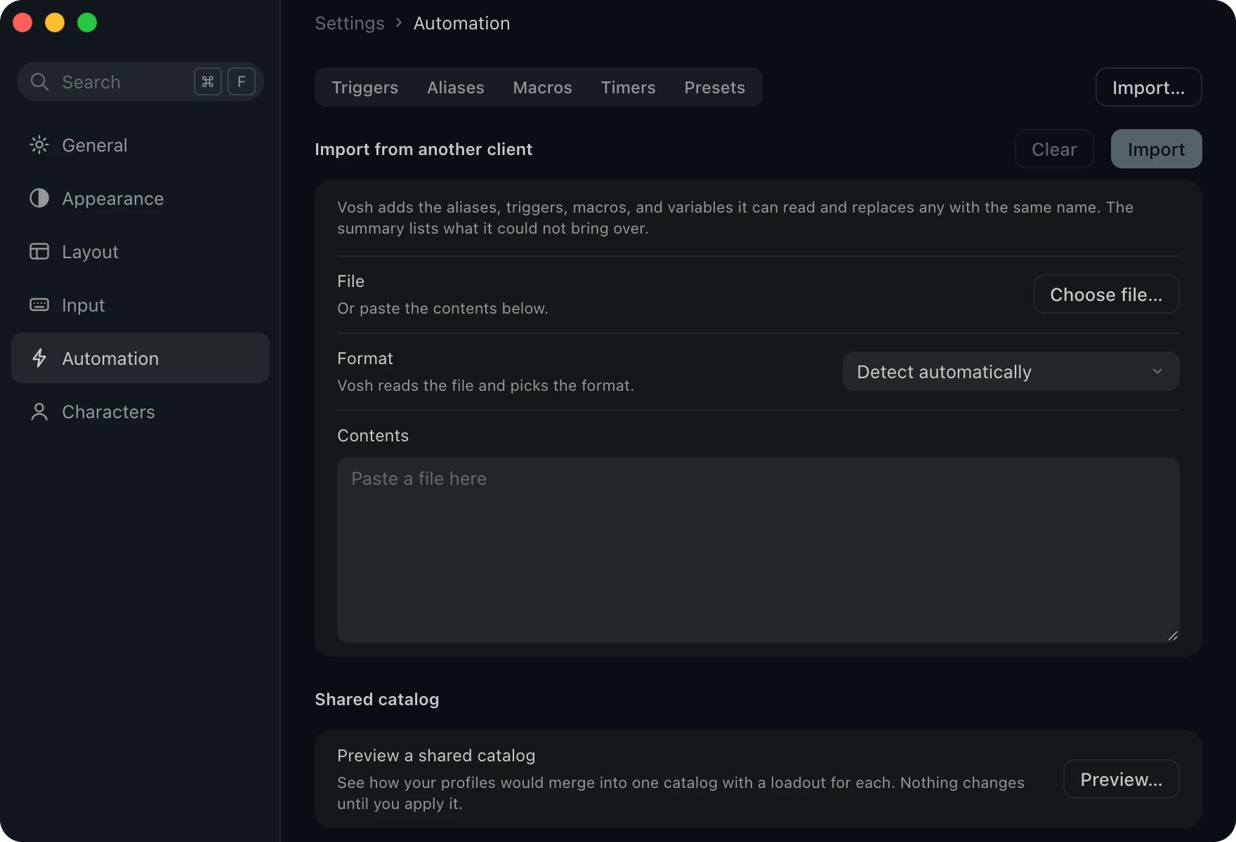 Import from another client, with a file picker, Format set to Detect automatically, and a Contents box.