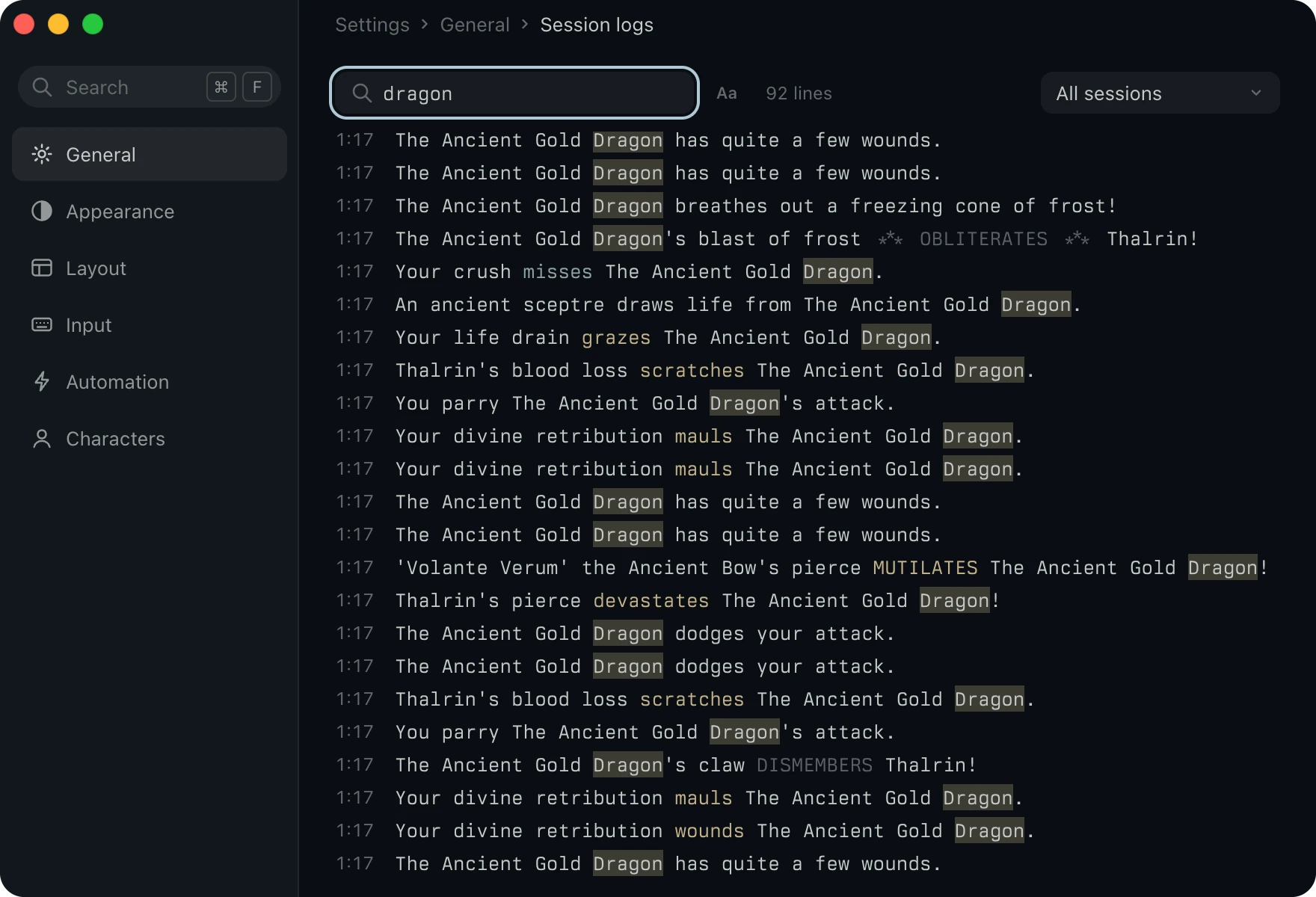 Session logs searching every session for dragon, with 92 matching lines from the dragon fight, each match marked.