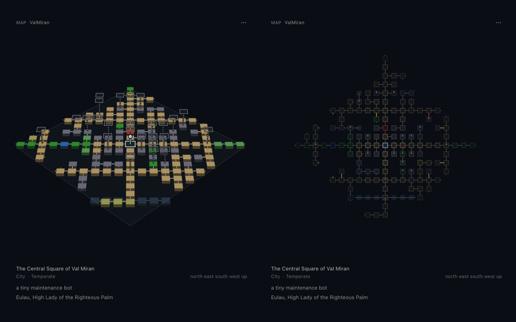 The Map pane at the Central Square of Val Miran in 3D beside the same map in Squares, each with the room name, City and Temperate, the exits, and the two in the room.