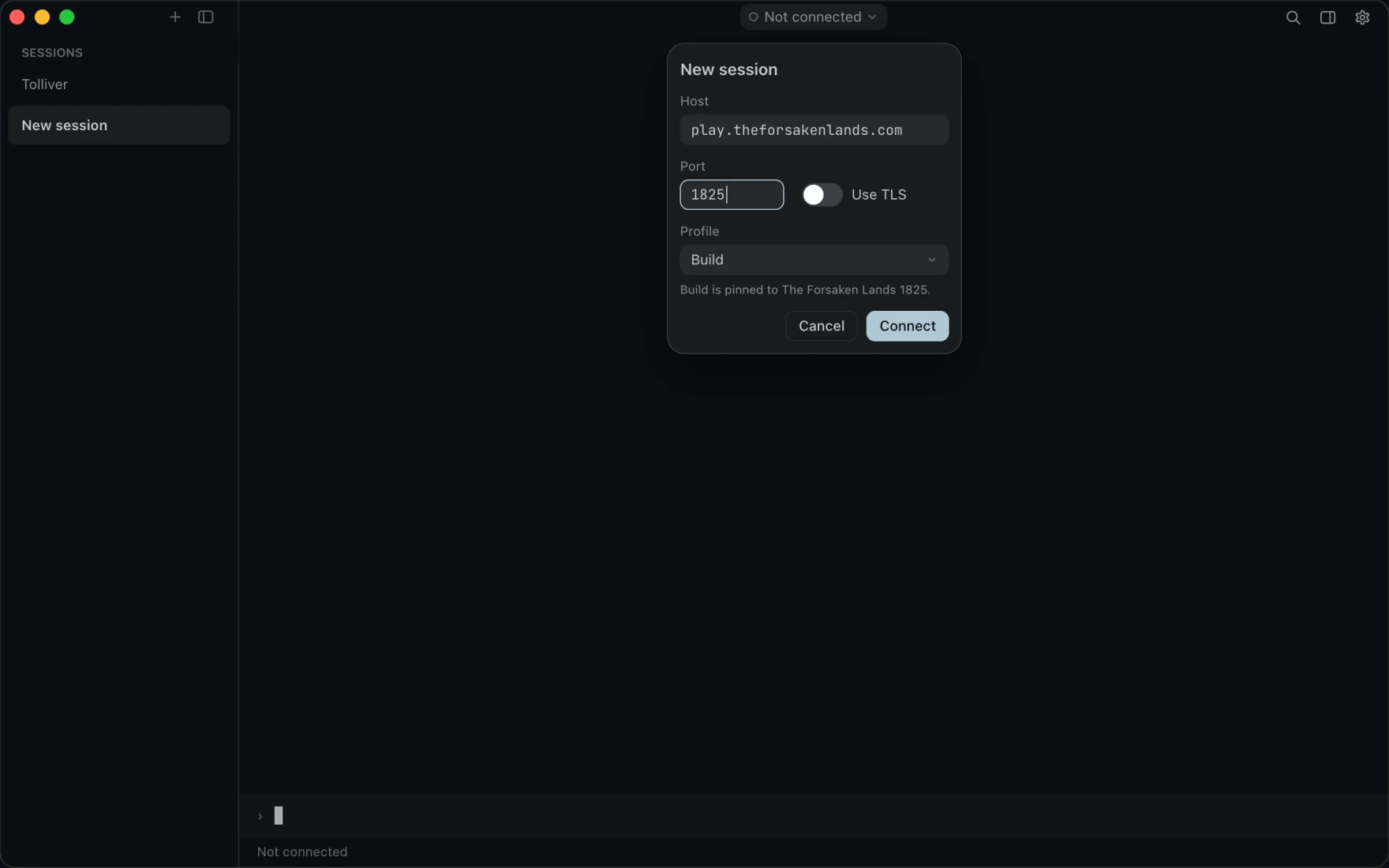 New session open beside another session, with the host, port 1825, Use TLS, and the Build profile.