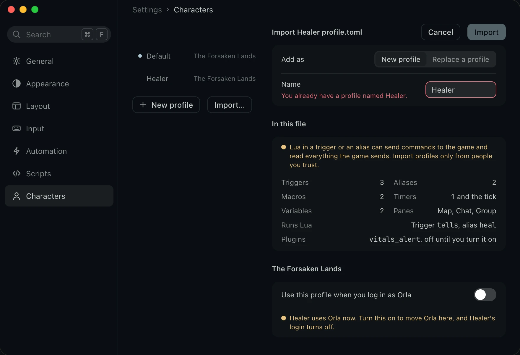 Import Healer profile.toml beside the profile list, with Add as, what the file holds, and the login to Orla.