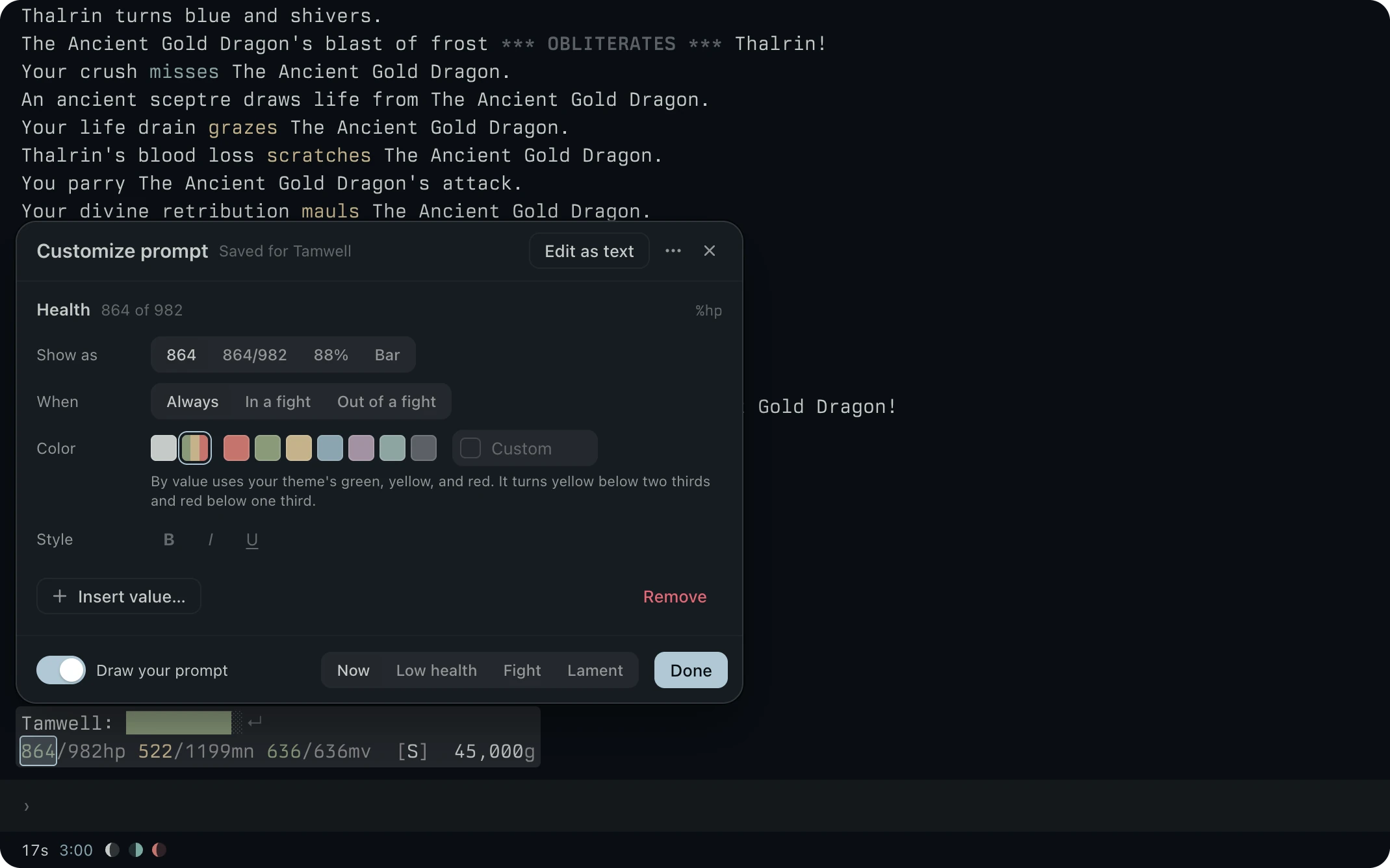 The Customize prompt card open over the pinned band in the dragon fight, with Health picked and its Show as, When, Color and Style rows.