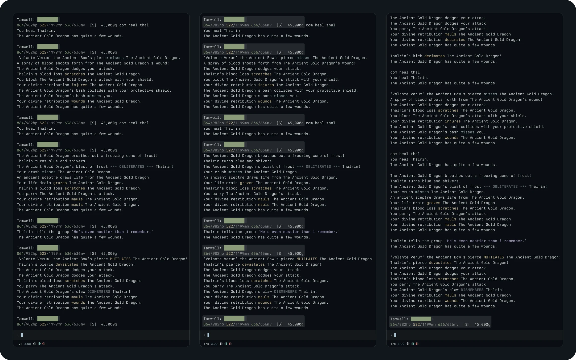 The same moment of the dragon fight three ways. On the left every prompt sits in the text, in the middle each prompt sits on a raised band, and on the right only the latest prompt shows, pinned above the command line.