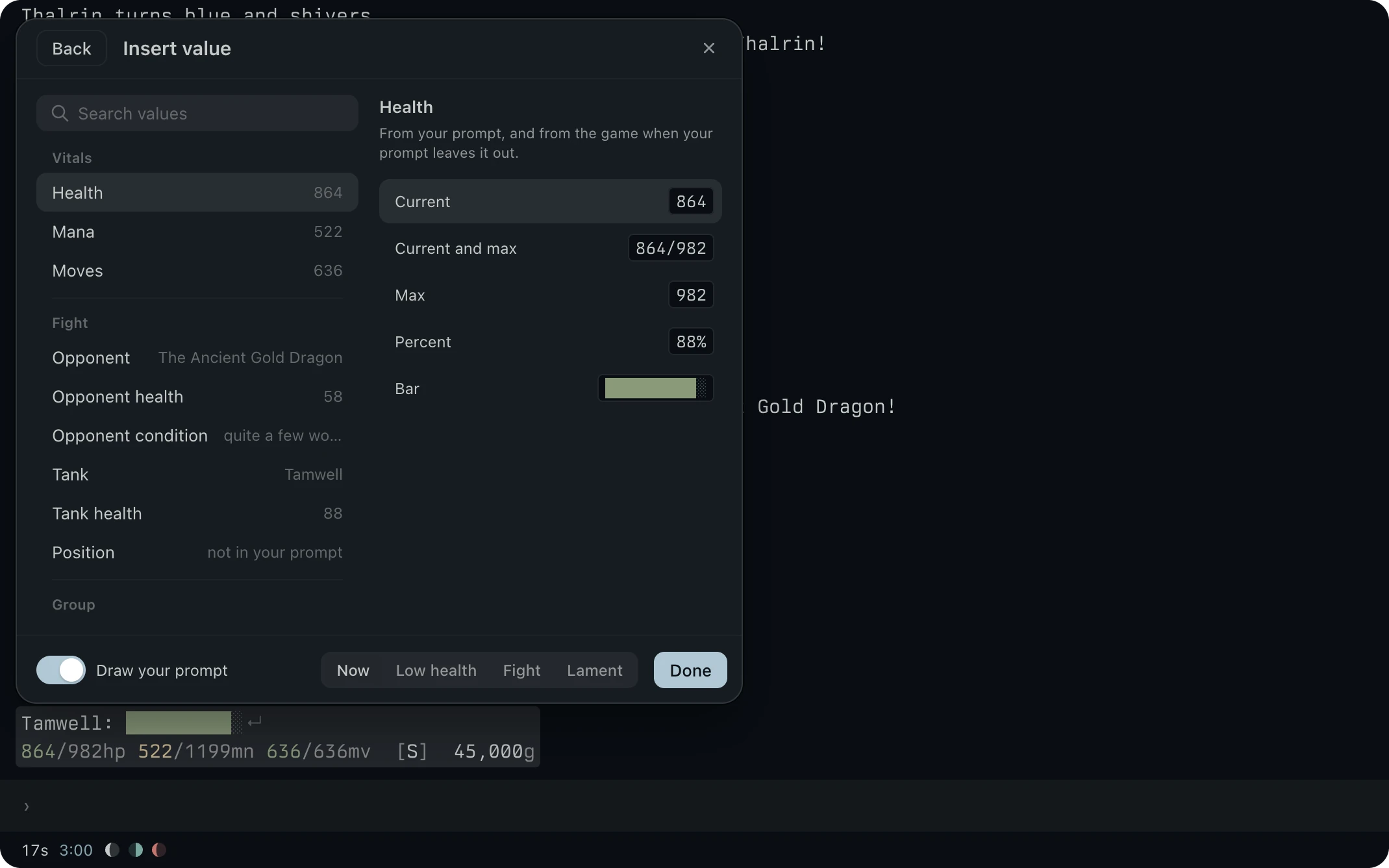 The Insert value picker in the prompt card, with Health picked and its forms Current, Current and max, Max, Percent and Bar drawn with live values.