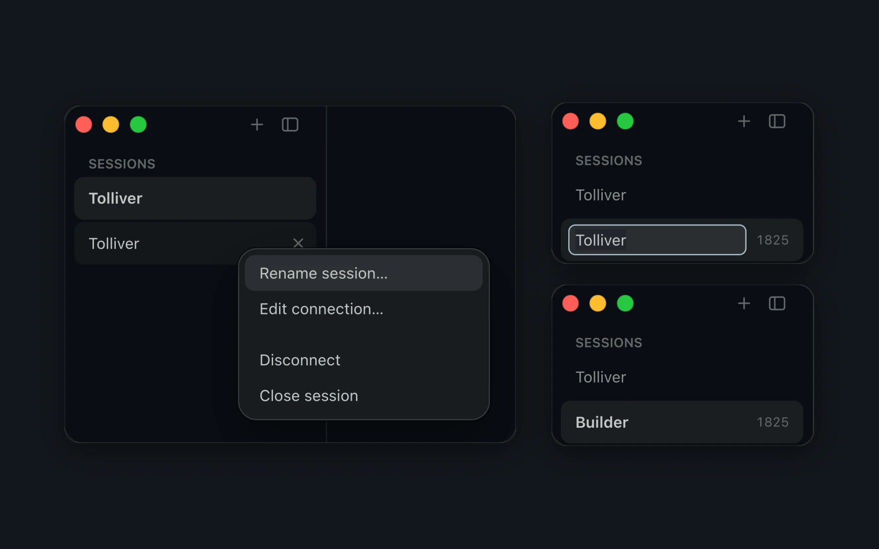 A session's menu open on Rename session, then its name in an edit field, then the session named Builder in the sidebar.
