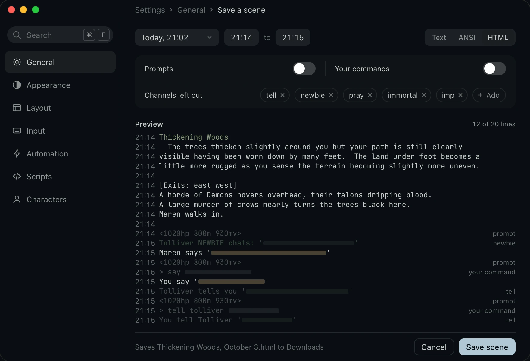 Save a scene with the range, the format, Prompts and Your commands off, five channels left out, and the preview. Grey bars stand in for what players said.
