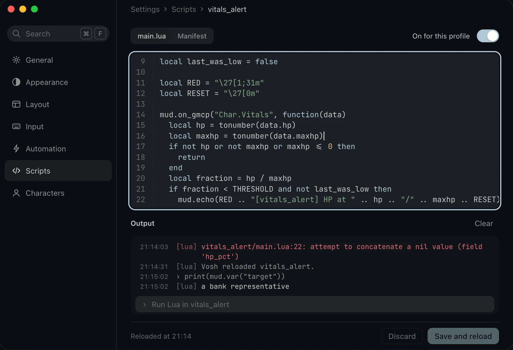 Scripts, with vitals_alert open, its code, its Output, and Save and reload.