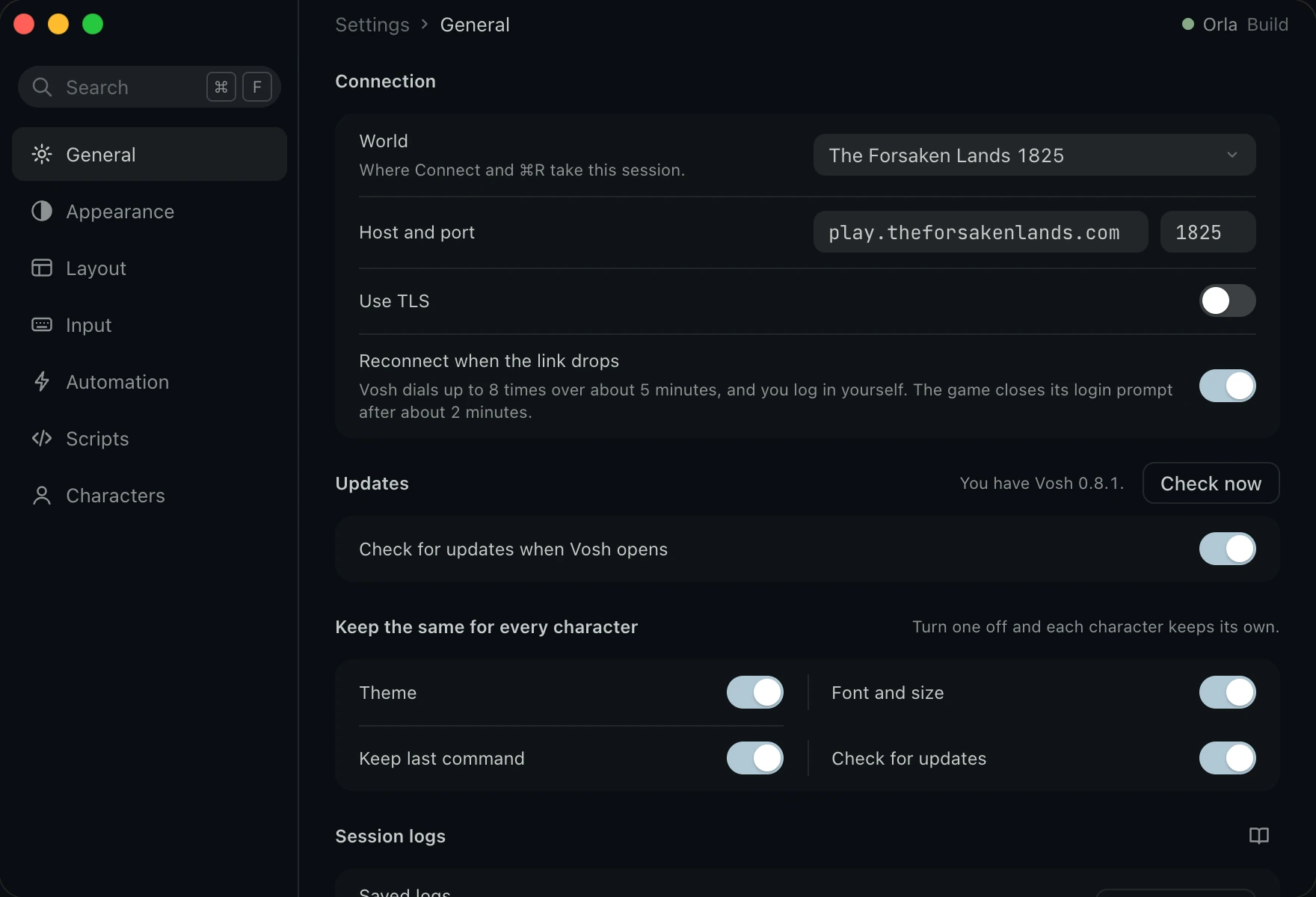 General, with World, Host and port, Use TLS, Reconnect when the link drops, and Updates.