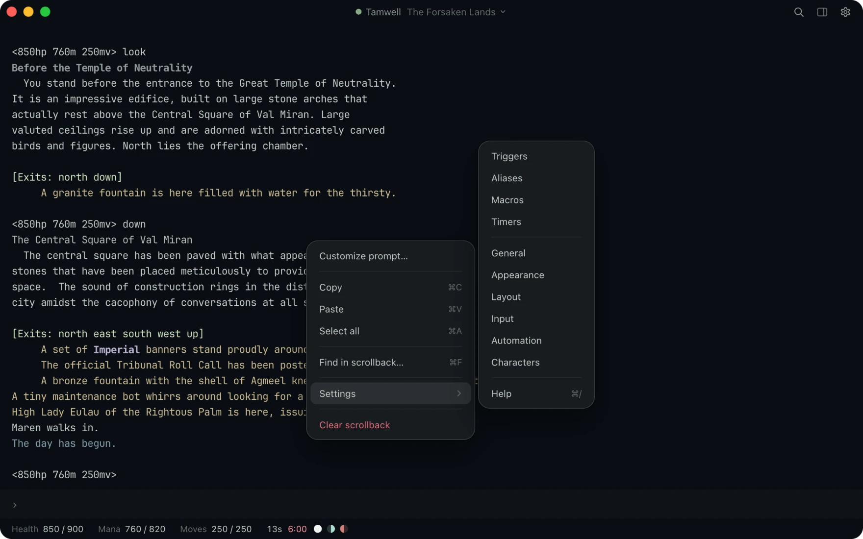 The terminal's right click menu over the Central Square of Val Miran, with Settings open on its list of pages beside it and Clear scrollback at the foot.