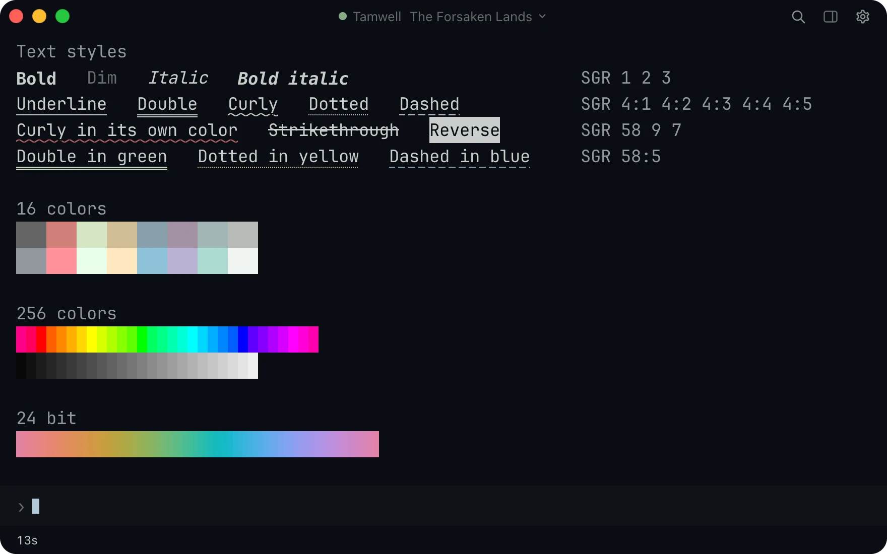 The terminal showing text styles from the codes a game sends, with bold, dim, italic, the five underline kinds in color, strikethrough, reverse, the 16 colors, the 256 color ring and a 24 bit strip.