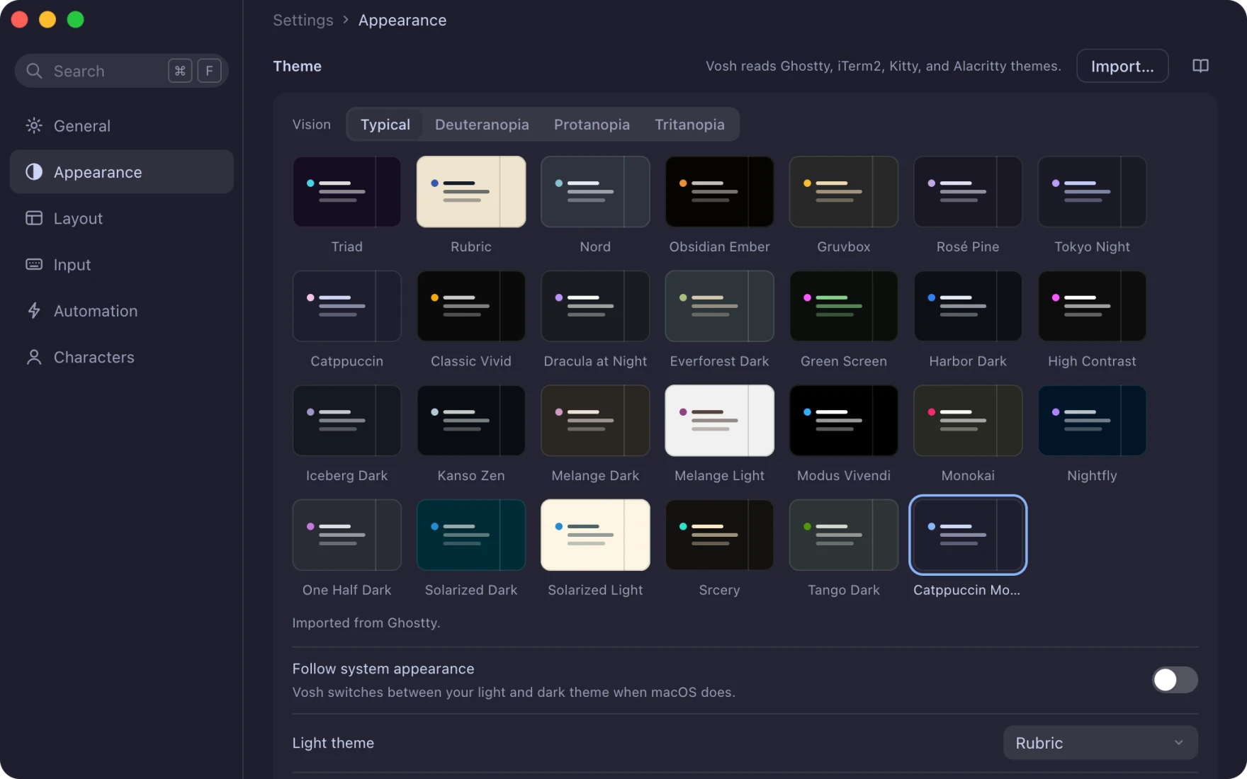Settings open on Appearance, with a Catppuccin Mocha theme imported from a Ghostty file and picked last, after the 26 themes Vosh ships.