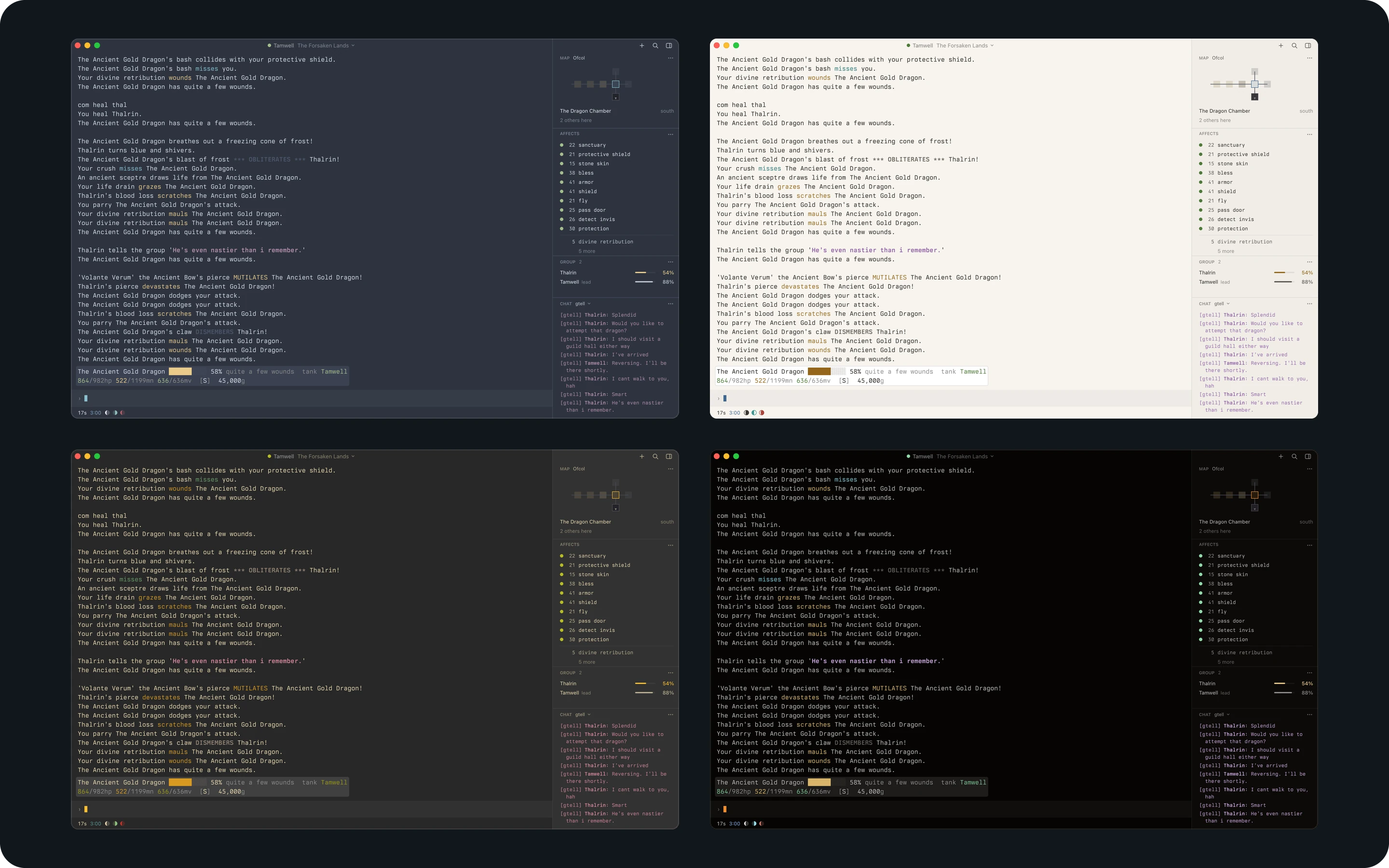 The same dragon fight in four themes, Nord, Vellum, Gruvbox and Obsidian Ember.