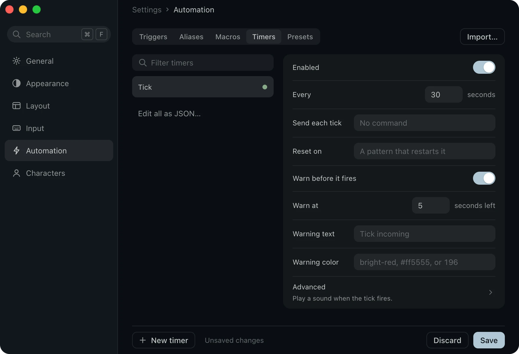 Automation on Timers with the Tick open, every 30 seconds, and a warning set for 5 seconds before it fires.
