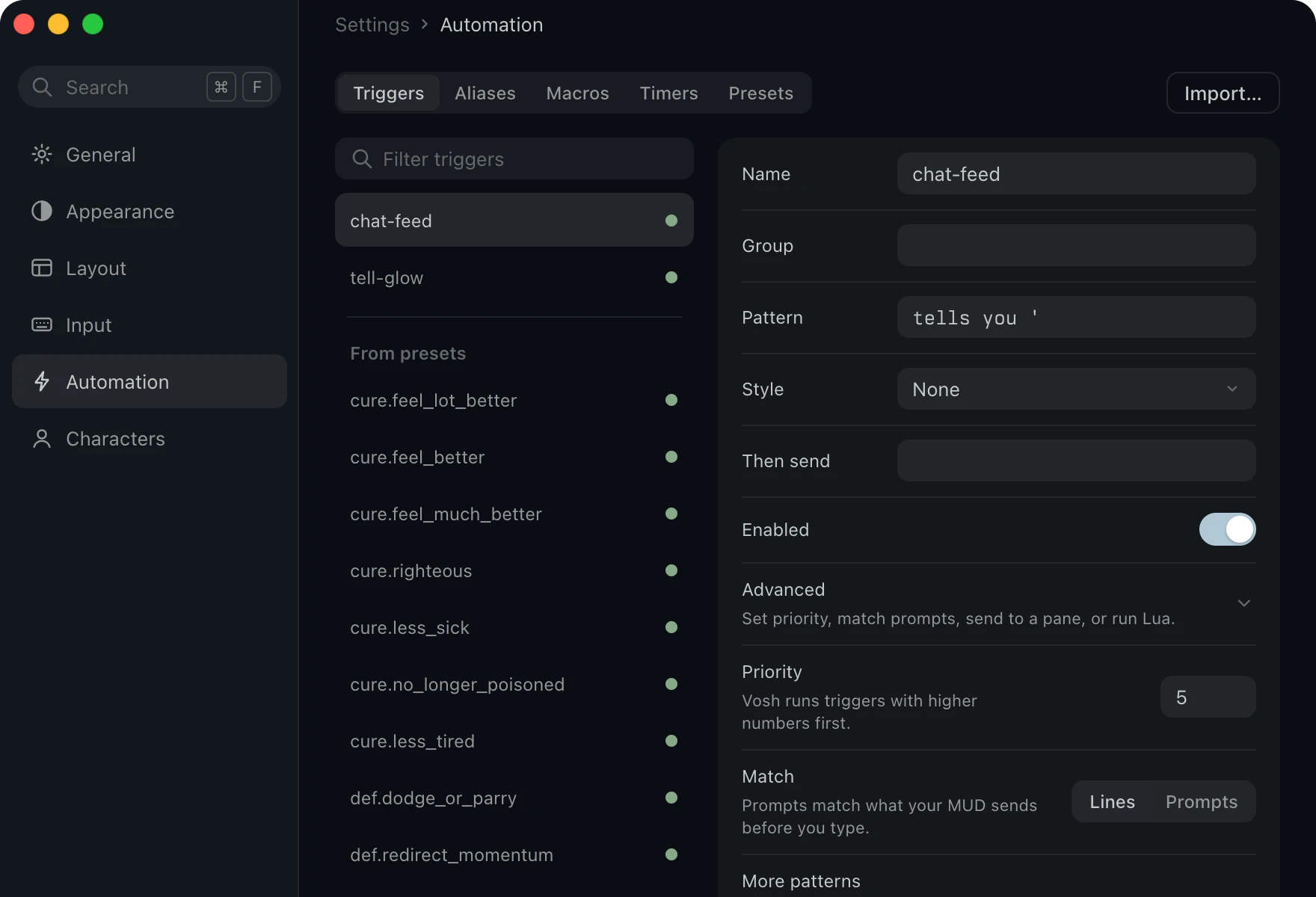 Automation on Triggers, with chat-feed open, matching tells you and gossips, and the triggers that come from presets listed beneath.