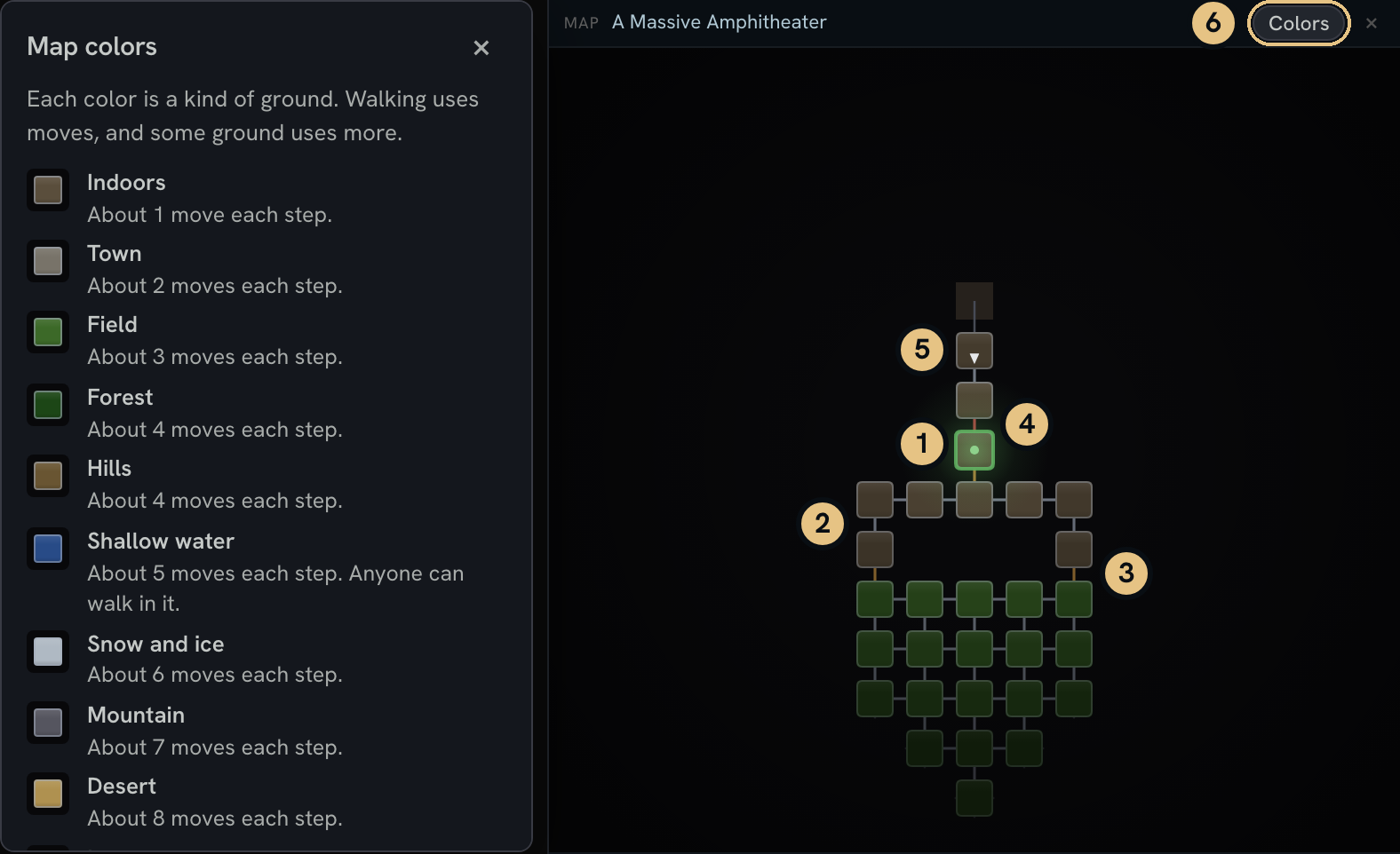 The color key next to the map. A green square in the middle of the map marks you.