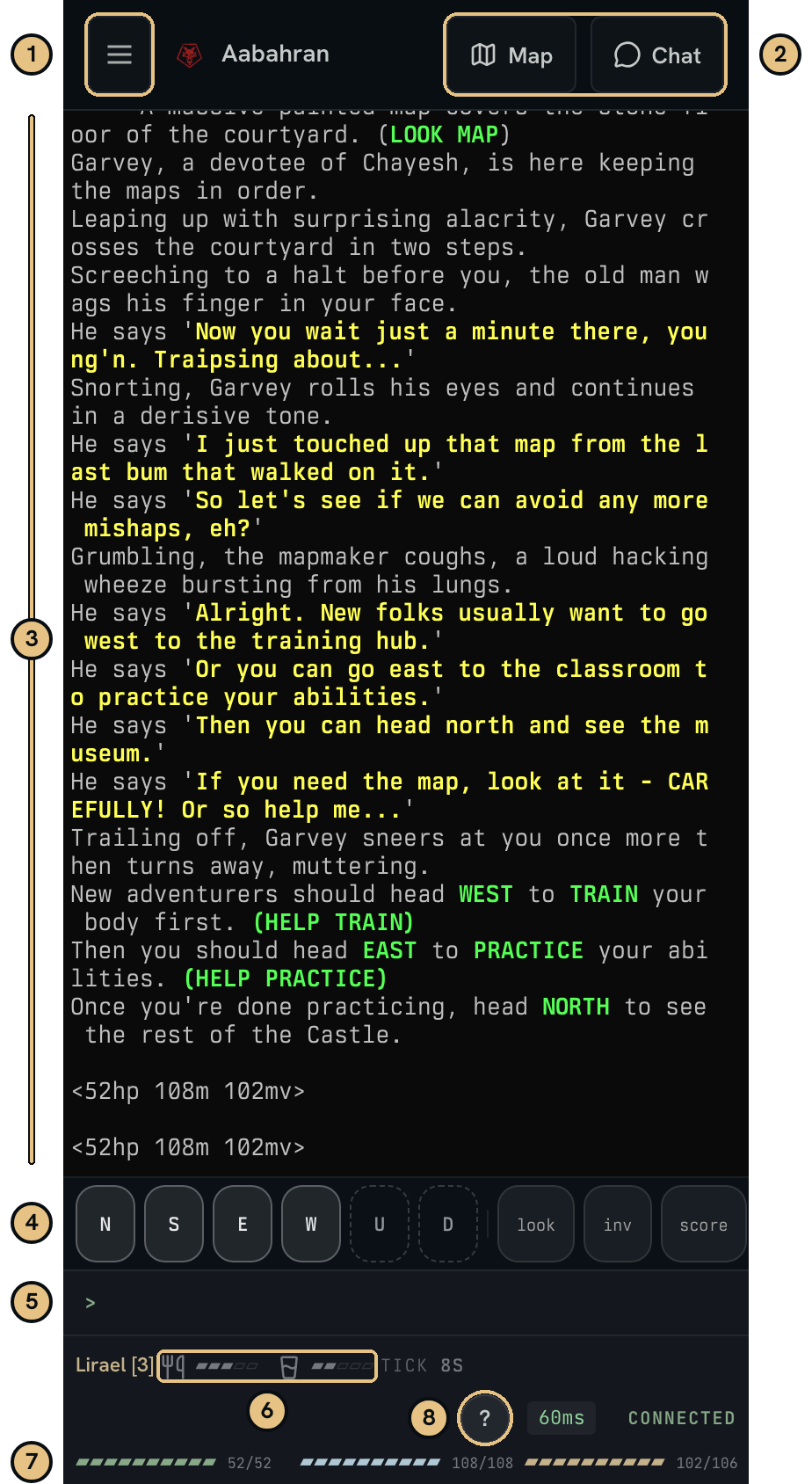 The game on a phone. Game text fills the top. Quick buttons, the typing box and the bars are at the bottom.